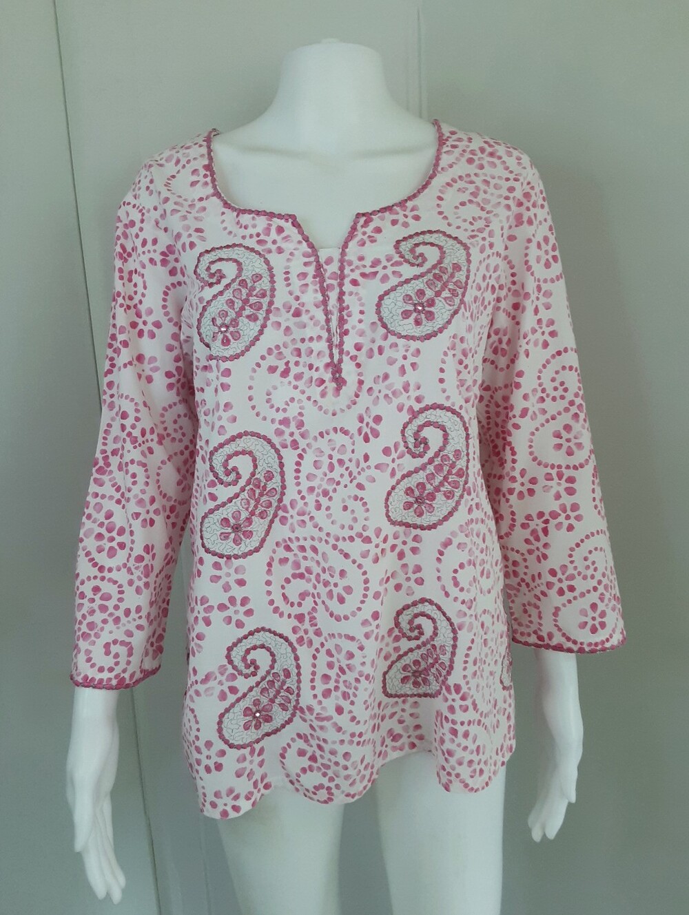 PURE EARTH 100% Cotton Pink | Silver Paisley Embroidered Tunic Top Sz 44 (XL)
